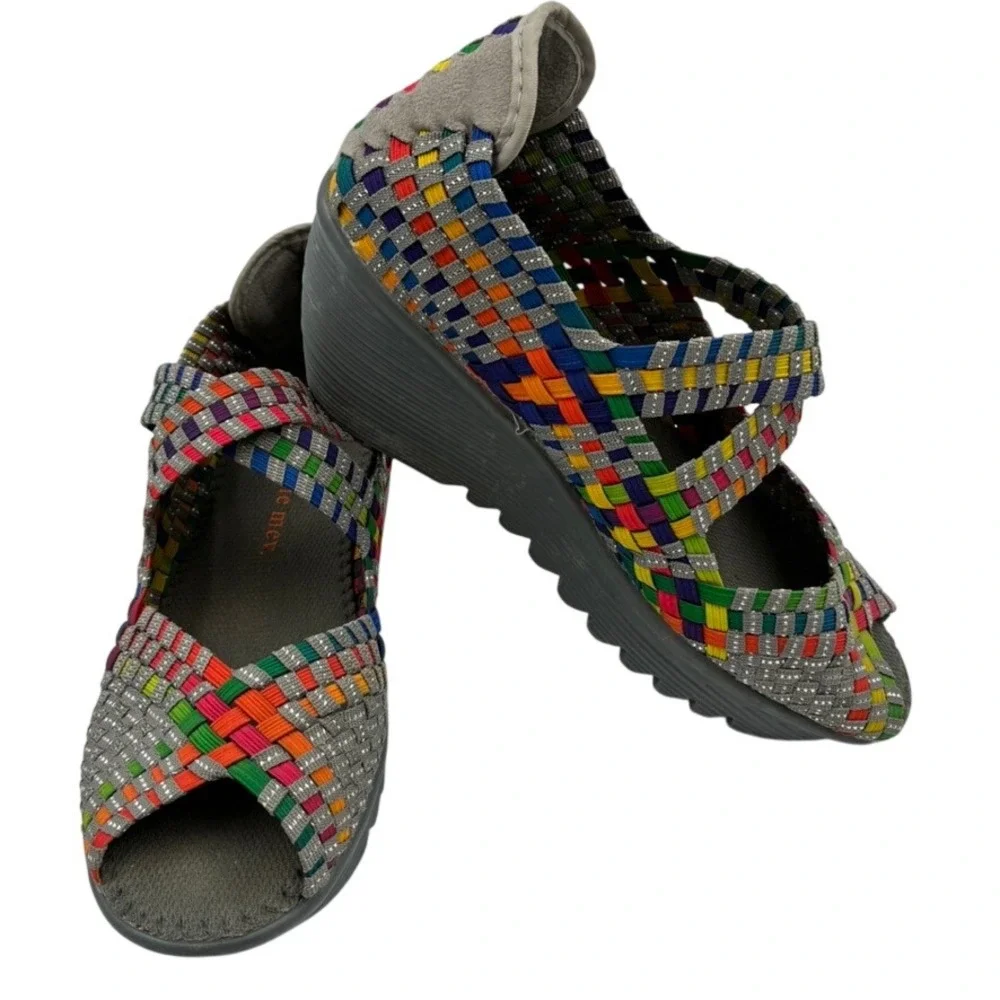 Bernie Mev Comfi Mary Jane 38/US 7 Rainbow Woven Wedge Sandals‎ Peep Toe Elastic